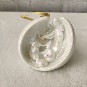 Vintage Fine Porcelain Nativity in Angel Wings Ornament Apple Tree Design